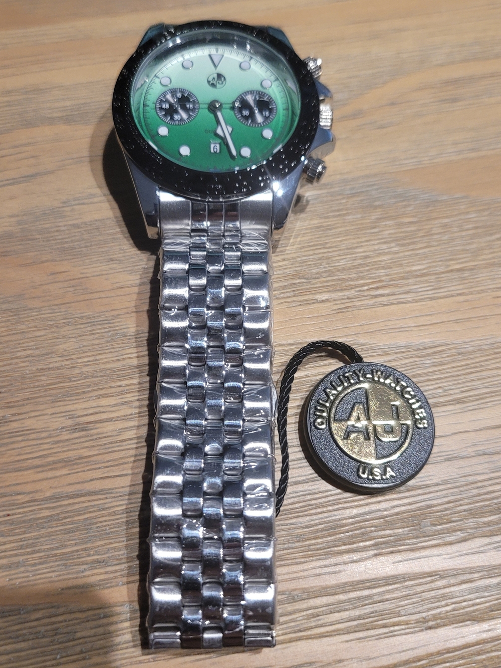 A J Stainless Steel Chronograph Watch with Green Dial